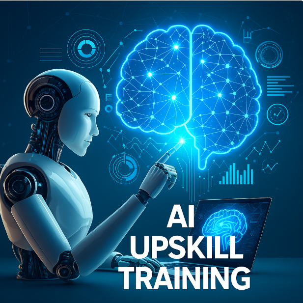 AI Upskill Training (Online) – Courses & Workshops | Belfast Northern Ireland Online AI upskill training: robot at laptop with glowing brain; remote courses & workshops — Belfast NI.