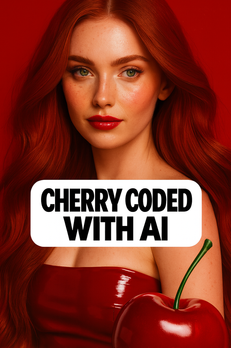 Cherry Coded with AI – Brand Photo Example | Belfast Northern Ireland AI brand photo: red-haired woman with cherry prop and “Cherry Coded with AI” label — Belfast NI.