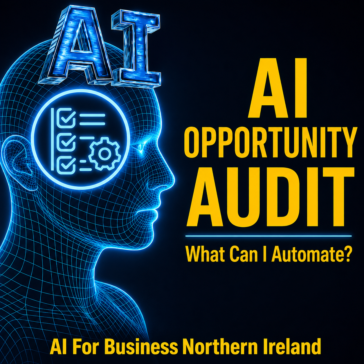 AI Automation Audit – 2-Hour Online Discovery (Belfast NI) AI Automation Audit: H&W cranes and neon AI gear; online discovery, bottleneck review and quick-wins plan — Belfast NI.