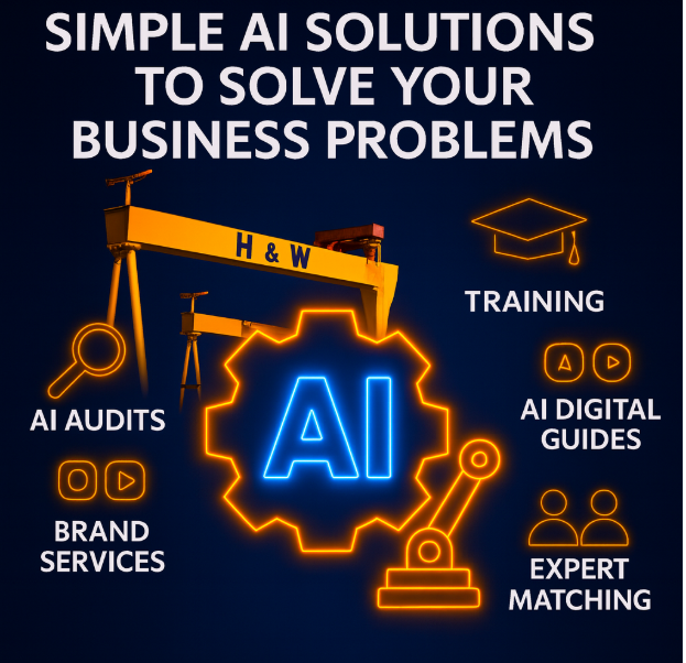 Empower Your Business with AI – Audits, Training, Guides & Content (Belfast NI) H&W cranes with neon AI gear; audits, training, AI guides, brand services & expert matching — Belfast Northern Ireland.